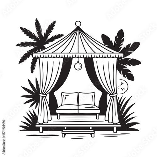 Black and white illustration of a cushioned daybed with a canopy