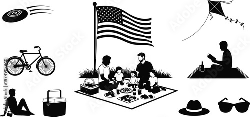 Patriotic american summer icon set picnic flags and recreation symbols for graphic design projects