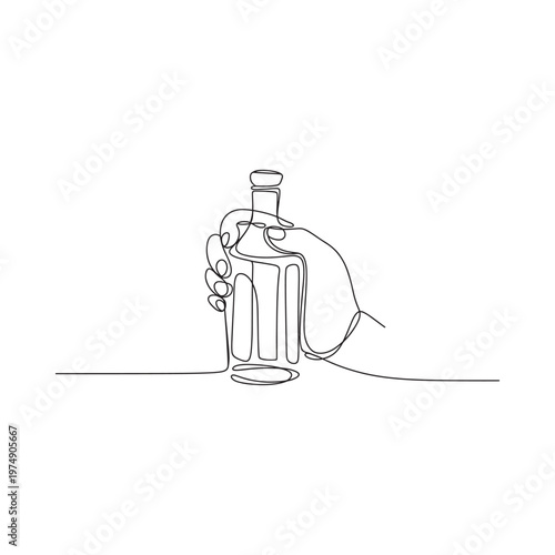 A continuous line drawing depicts a hand holding a glass bottle