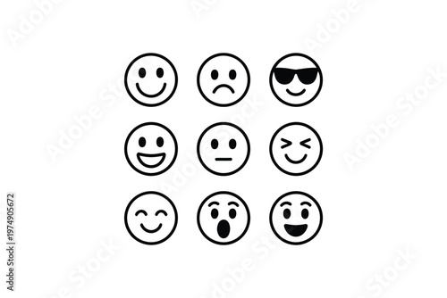A collection of nine simple black and white circular emoticons displaying various facial expressions high quality