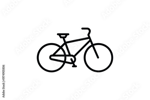 A minimalist black line drawing depicts a classic bicycle silhouette against a plain white background