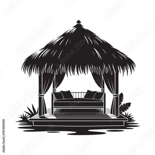 Black and white illustration of a thatched roof gazebo with seating