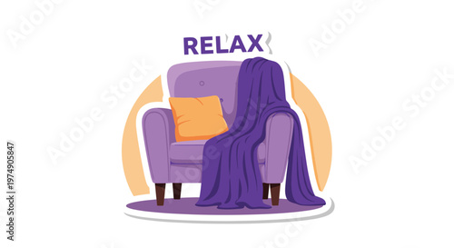 Comfortable purple armchair with a yellow cushion and soft violet blanket has relax text above on a white background.