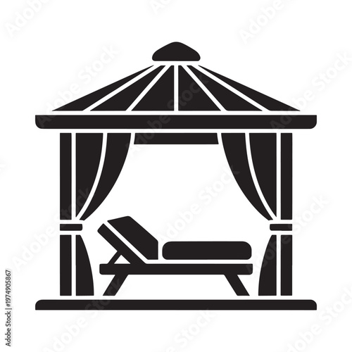 Simple black and white icon of a gazebo with a lounge chair