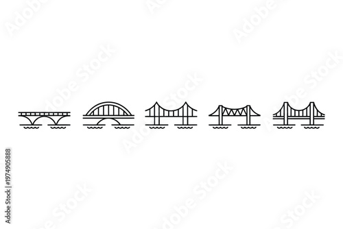 A minimalist illustration depicts six different types of bridges showcasing their structural variations high quality professional