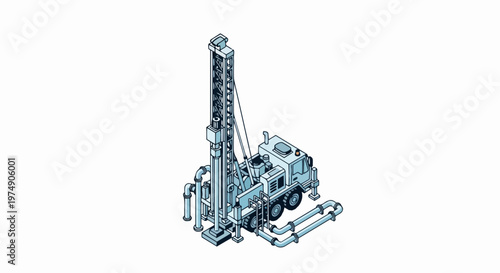 Isometric 3D Illustration of a Mobile Drilling Rig Truck with Pipelines for Oil, Gas, or Water Well Extraction on a White Background