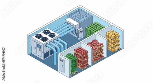 Industrial Cold Storage Warehouse Isometric Illustration with Refrigeration System, HVAC Cooling Units, and Palletized Food Logistics