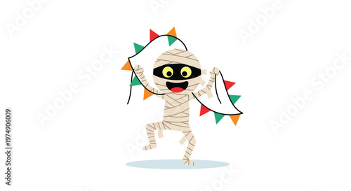 Cute cartoon mummy wrapped in white bandages dancing happily while holding a string of colorful festive party flags.