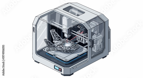 Industrial 3D Printer Creating Complex Aerospace Lattice Part, Isometric Illustration of Additive Manufacturing and Rapid Prototyping