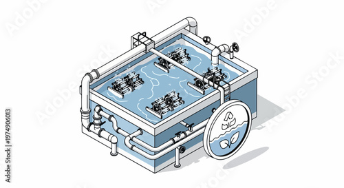 Isometric Illustration of a Wastewater Treatment Plant and Industrial Water Purification System with Eco-Friendly Sustainability Icon