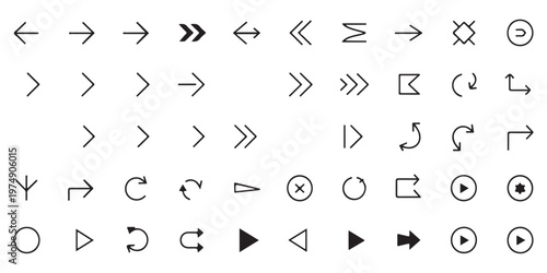 Comprehensive set of black vector arrow, navigation, and media player icons in various styles