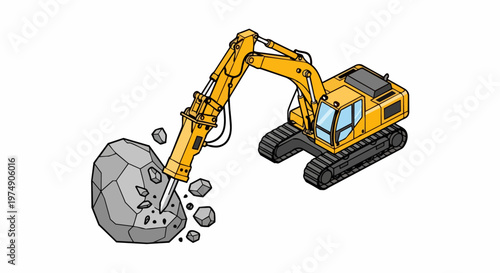 Isometric Excavator with Hydraulic Breaker Jackhammer Breaking Rock on White Background - Heavy Construction Machinery Vector Illustration