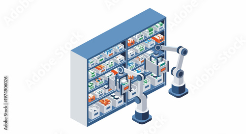 Automated Robotic Pharmacy Warehouse with AI Arms and Medicine Inventory Management, Isometric Illustration