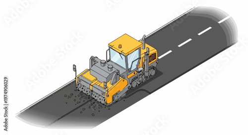 Isometric Road Milling Machine Illustration for Asphalt Road Construction and Highway Maintenance