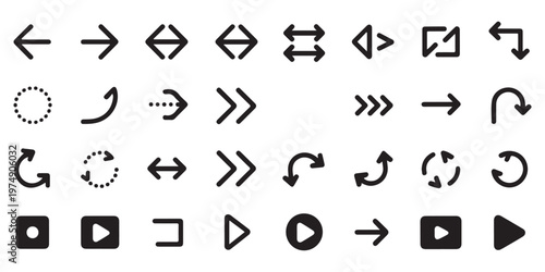 Diverse collection of black vector arrow and media control icons for digital interfaces