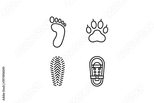 A collection of linear icons depicting a human footprint paw print tire track and snowshoe