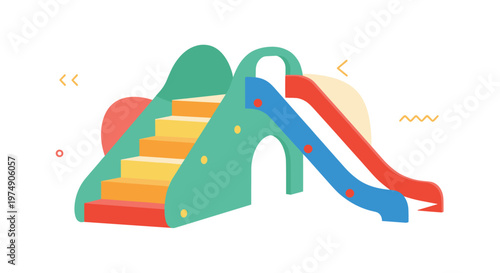 Colorful children playground slide with green stairs and red blue chutes on a white and pastel geometric background.