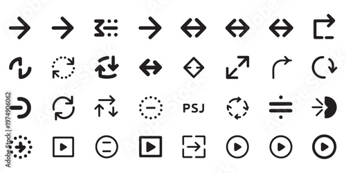 Set of black vector arrow and media player control icons for user interface design