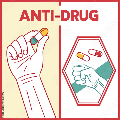 Anti drug message showing hand holding pill and fist in hexagon drug prevention concept