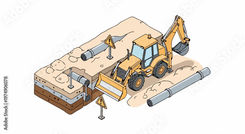 Isometric Vector Illustration of Yellow Backhoe Loader Excavating Underground Utility Pipes at Construction Site