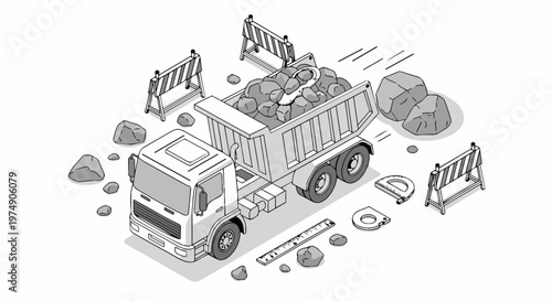 Isometric Heavy Dump Truck Line Art Illustration for Civil Engineering, Construction Site, and Infrastructure Planning Concept