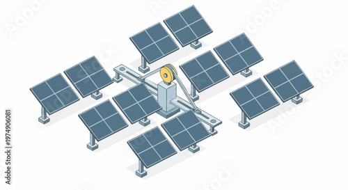 Isometric Solar Panel Array with Mechanical Tracking System, Renewable Clean Energy Concept Illustration
