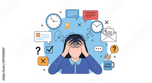 Overwhelmed professional woman holding her head in stress surrounded by many work related icons and round clocks.