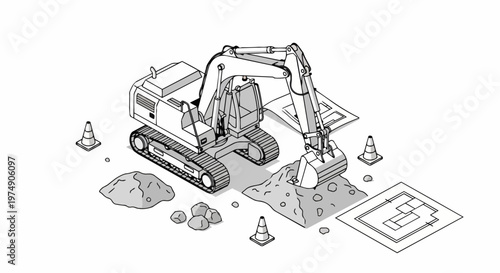 Isometric Excavator Construction Site Illustration with Blueprints and Traffic Cones, Black and White Line Art for Engineering and Building Industry