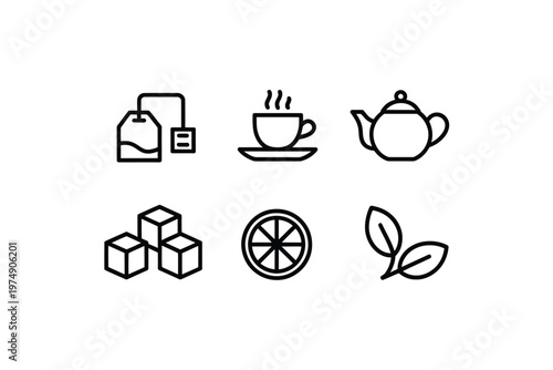 A collection of minimalist black line icons representing tea including a cup teapot and ingredients