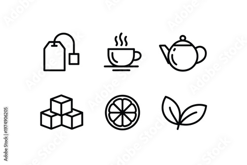 Minimalist line art depicts tea related items a teabag cup teapot sugar lemon and leaves