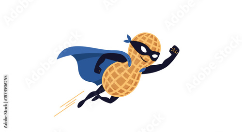Funny peanut superhero character wearing a blue cape and mask flying through the air with great power and speed.