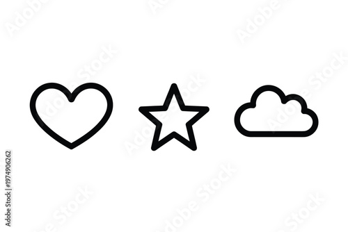 A simple black and white illustration featuring a heart a star and a cloud icon