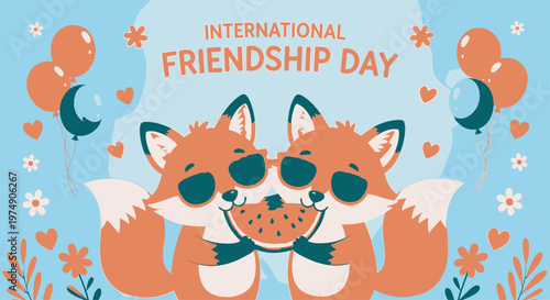 Friendship Day Two cute foxes wearing sunglasses sharing watermelon slice for International Friendship Day summer celebration vector illustration