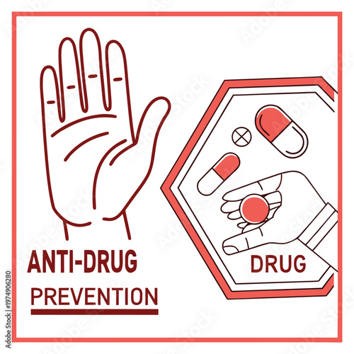 Anti drug prevention stop hand and pills inside hexagon drug use prohibition concept