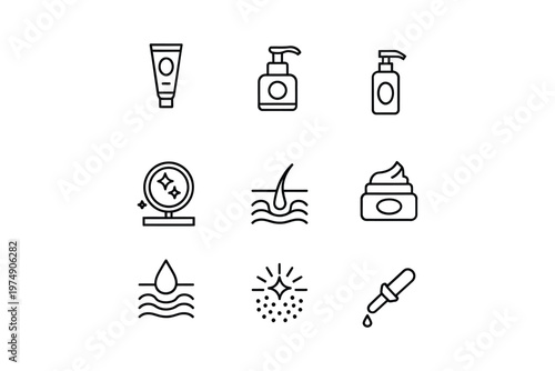A collection of minimalist line art icons representing various skincare and beauty products high quality professional