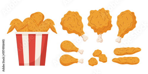 Fried chicken pieces and bucket chicken wings chicken drumsticks