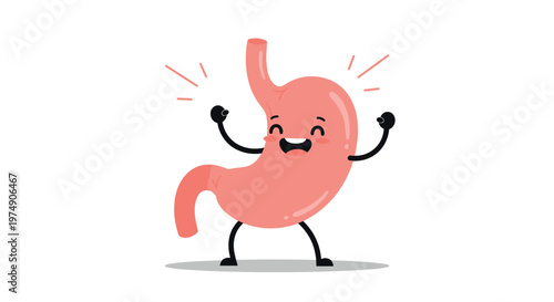 Happy cartoon stomach character smiling and raising its fists in a gesture of health strength and good digestion.