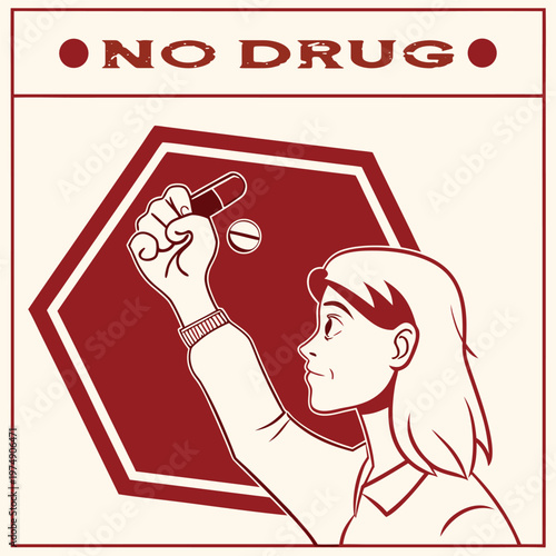 No drug abuse vector art poster with woman holding pill in stop sign promoting healthy lifestyle
