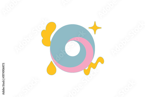 Abstract illustration featuring a teal and pink swirl within a circular shape with yellow accents