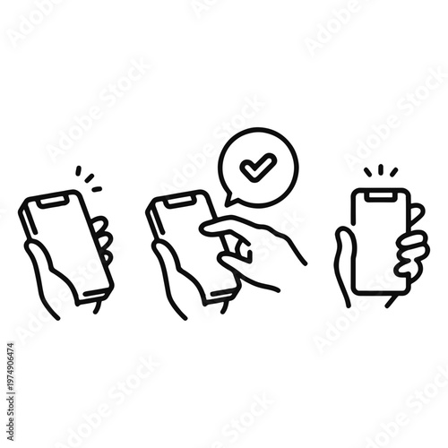 Hand Holding Smartphone Tap Check Notification Line Icon Set Vector