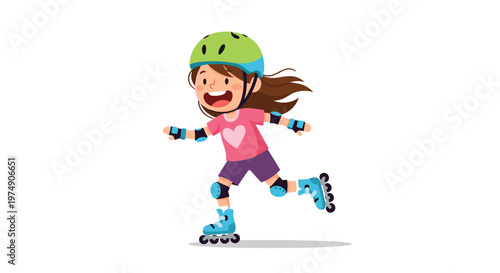 Happy young girl wearing a green helmet and pink shirt roller skating fast on a plain white background in a park.