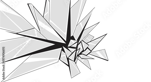 Close-up of shattered glass fragments with sharp edges, isolated white background.