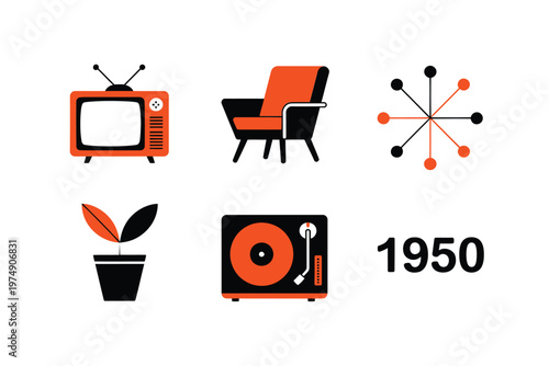 A collection of mid century modern icons including a television chair plant and record player