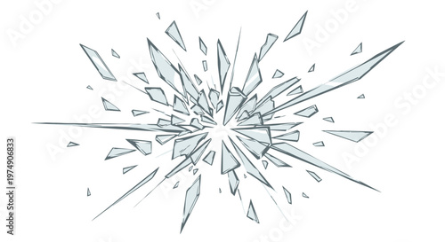 Exploding shattered broken glass fragments from a central impact, isolated white background.
