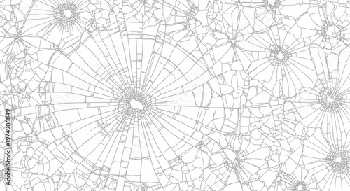 Extensive Shattered Glass Texture, Widespread Cracks and Multiple Impact Points on Isolated White Background