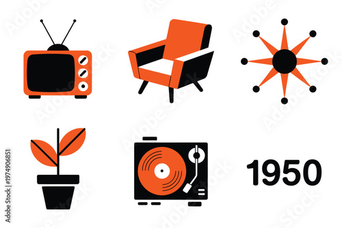 A collection of stylized mid century modern icons including a television chair and record player