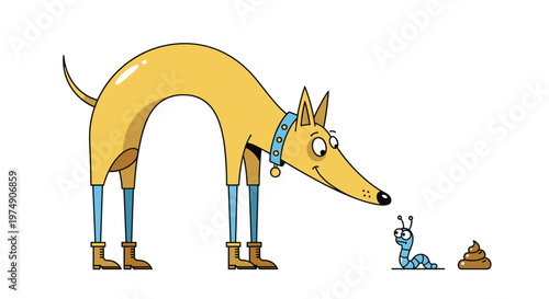 Funny long yellow dog wearing brown boots looking curiously at a small blue worm and a pile of poop on the ground.