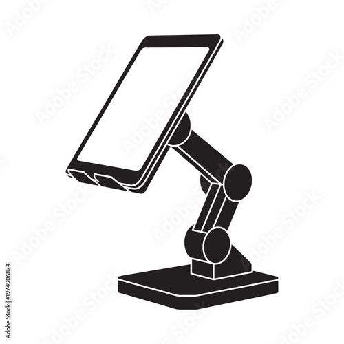 A black and white illustration of a tablet mounted on a robotic arm stand