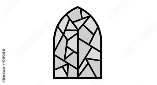 Grey mosaic arched window with abstract fractured shapes and black outlines, isolated white background.
