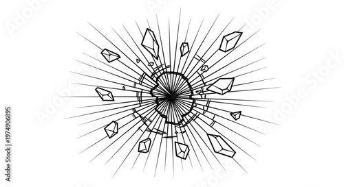 Dynamic shattered glass effect starburst pattern radiating from a central point, isolated white background.